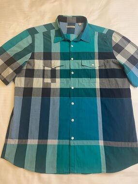 🍀Burberry Brit XL Nova Check Teal & Blue Plaid Short-Sleeve Button-Up Shirt